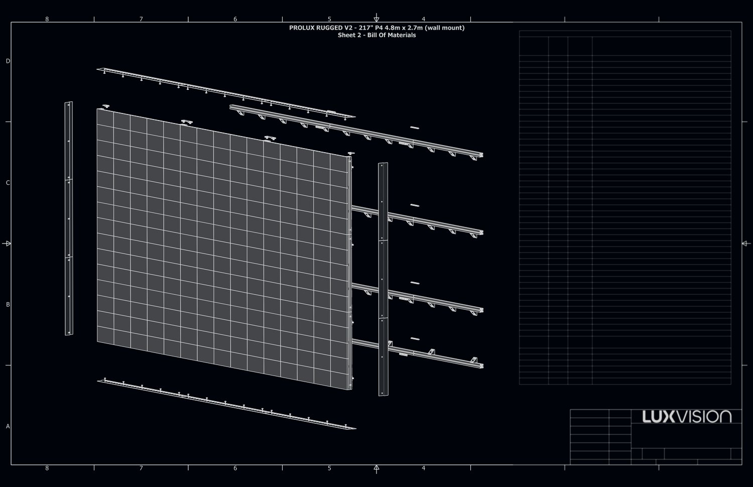 A LUXVISION assembly drawing for a 217 inch PROLUX RUGGED wall, showing the cabinet array, mounting rails and trim as an exploded view