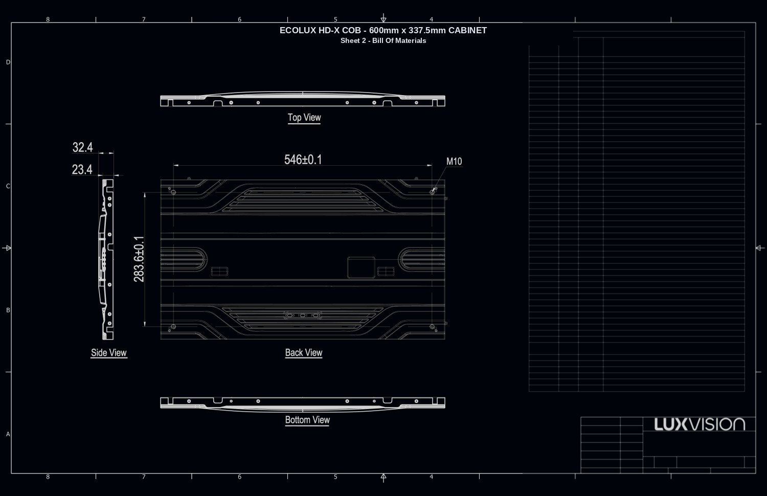 Engineering drawing of an ECOLUX HD-X cabinet in six orthographic views, top, bottom, both sides, back and front, dimensioned at 546 by 283.6 millimetres with the four module positions across the face